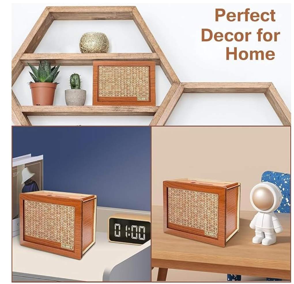Wooden Savings Box for Kids and Adults – Coin Bank with Number Tracker